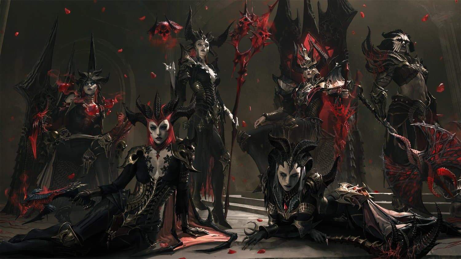 Six dark fantasy female warriors in black horned armour wielding red glowing weapons in a shadowy throne room