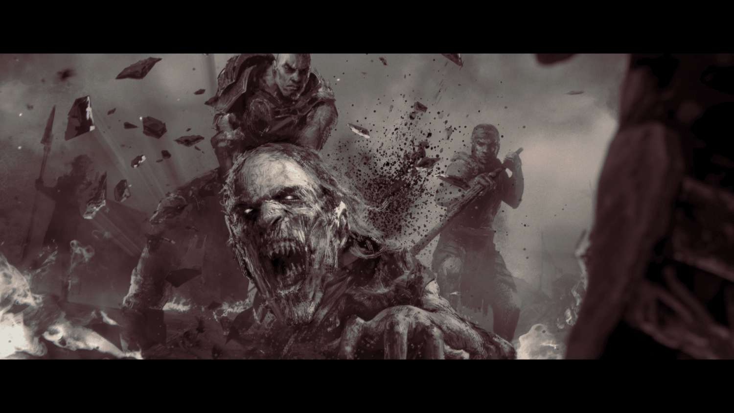 Gruesome undead creature roaring as armed warriors strike in a dark, smoky battlefield