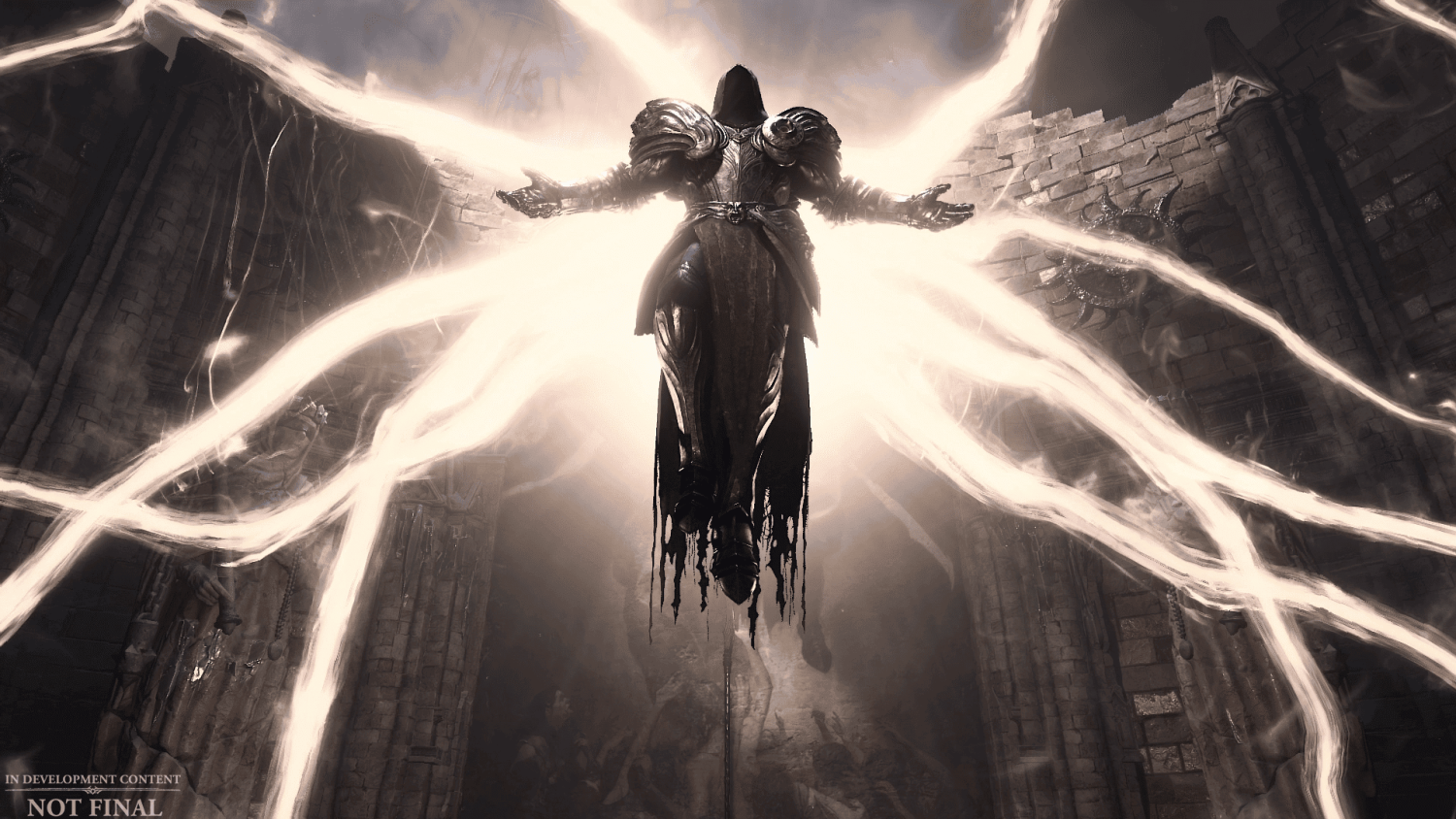 Armoured dark figure levitating with eight glowing ethereal wings inside ancient stone ruins