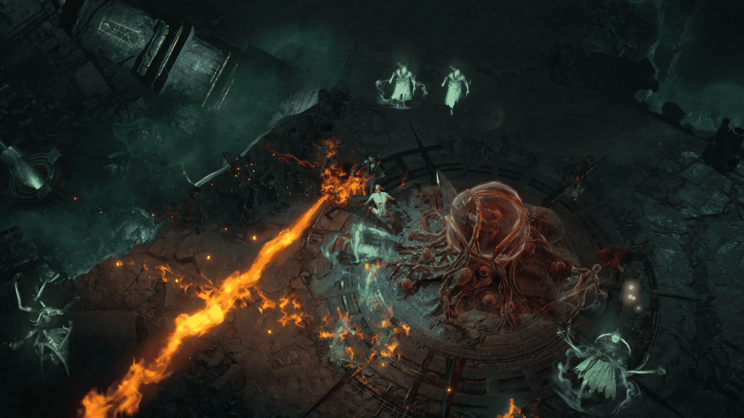 Overhead view of a dark dungeon battle featuring fiery magic and ghostly figures surrounding a tentacled monster