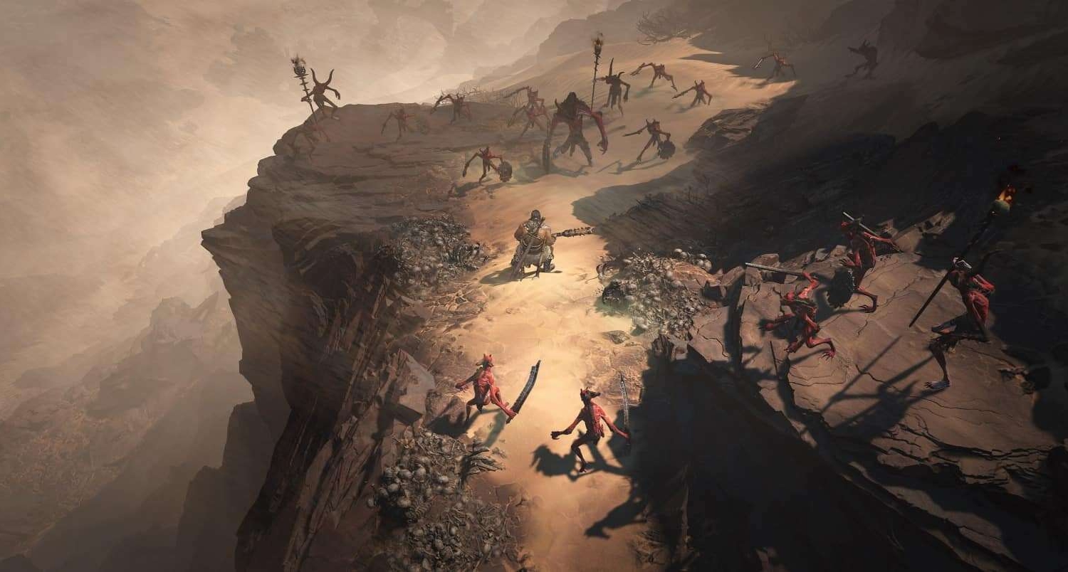 Armoured warrior armed with mace confronts several red demonic creatures on rocky cliff under hazy sky