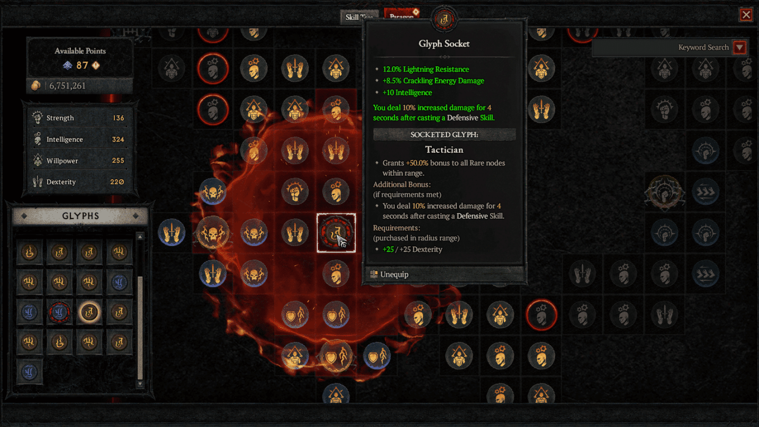 Diablo IV character Paragon skill tree with highlighted Glyph Socket showing Tactician glyph providing bonuses to Dexterity and damage