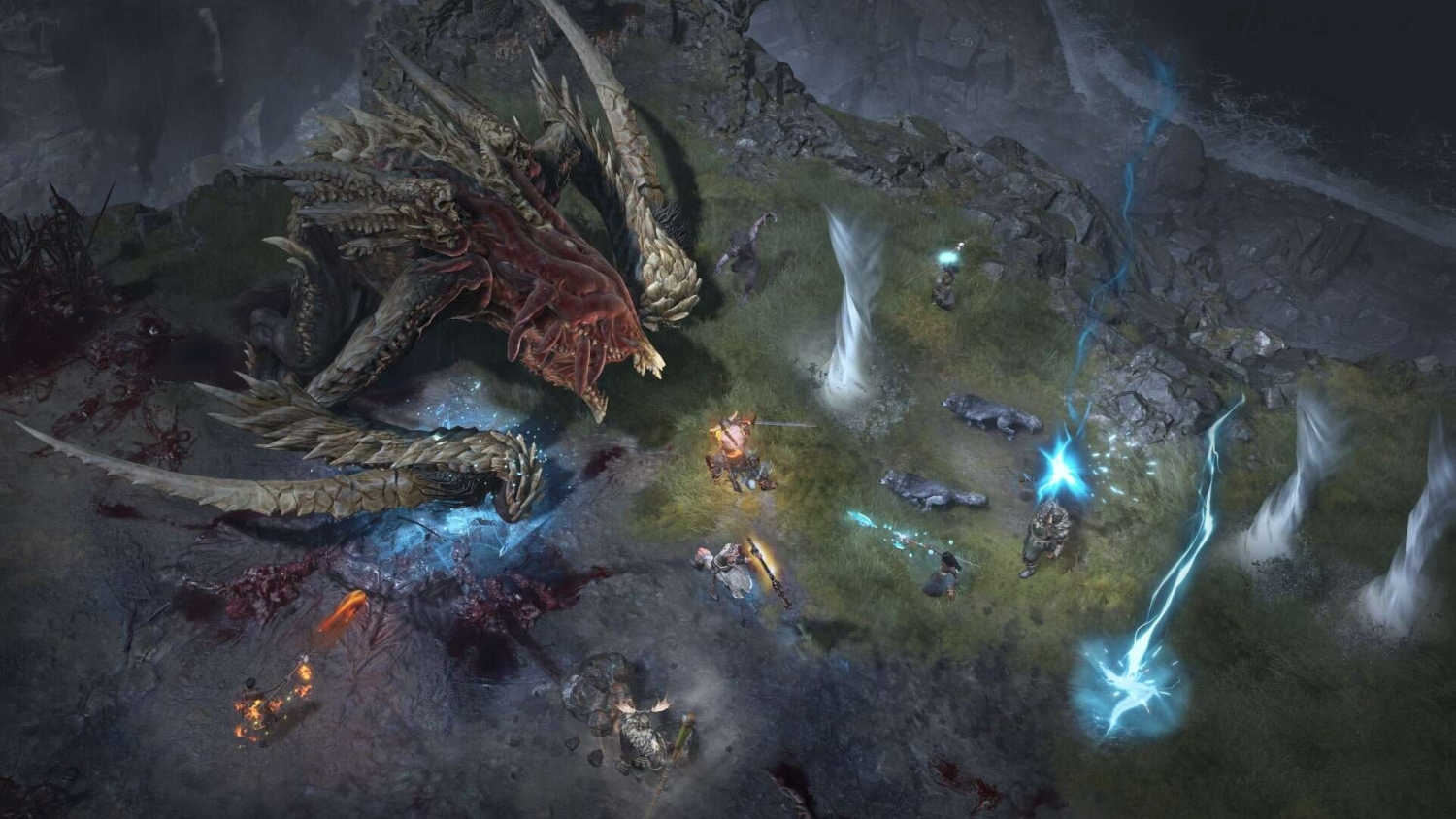 Group of adventurers using magic and weapons to fight a giant dragon in a dark, rocky landscape