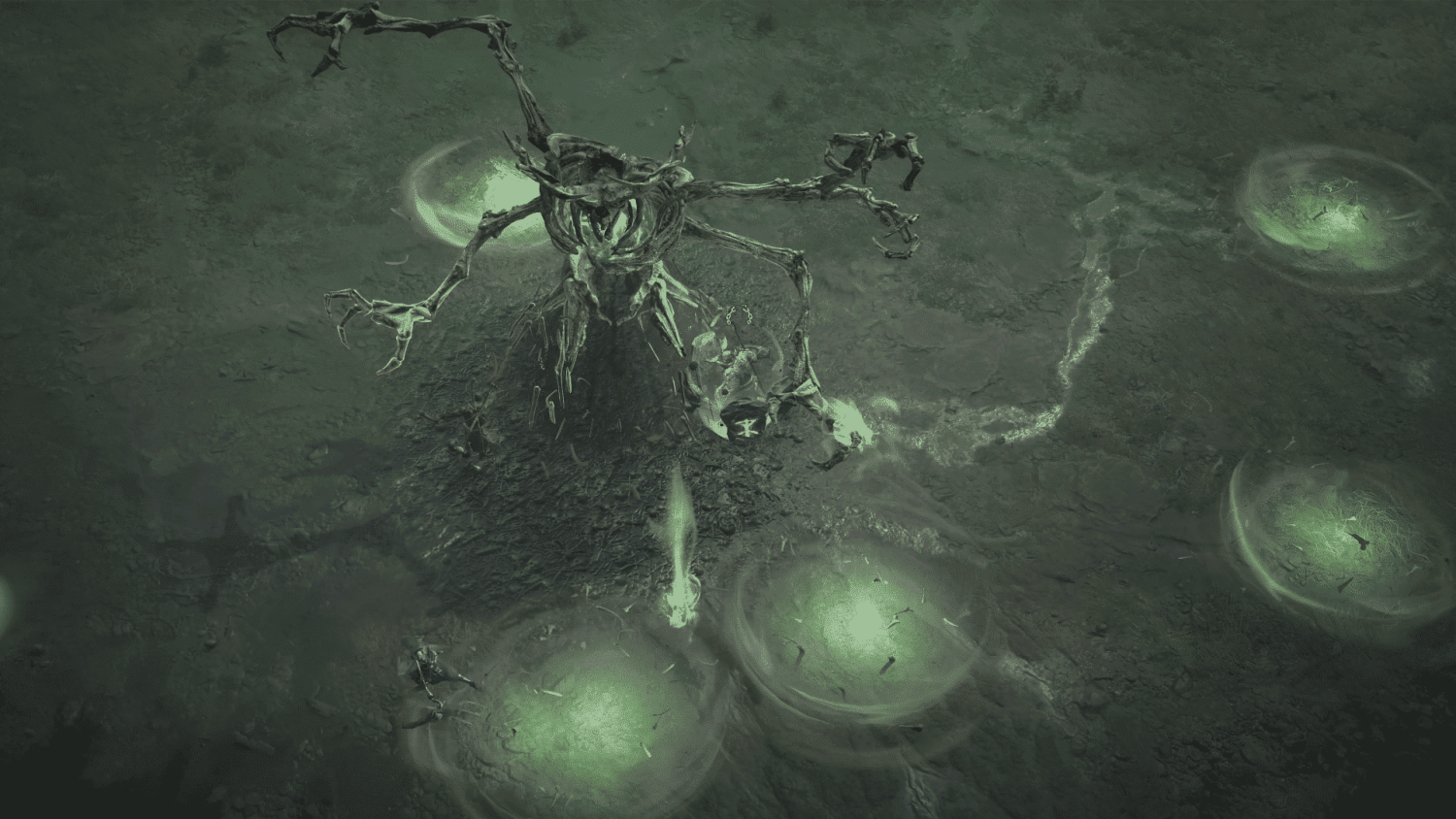 Dark twisted multi-armed skeletal demon casting glowing green spells on barren cracked ground