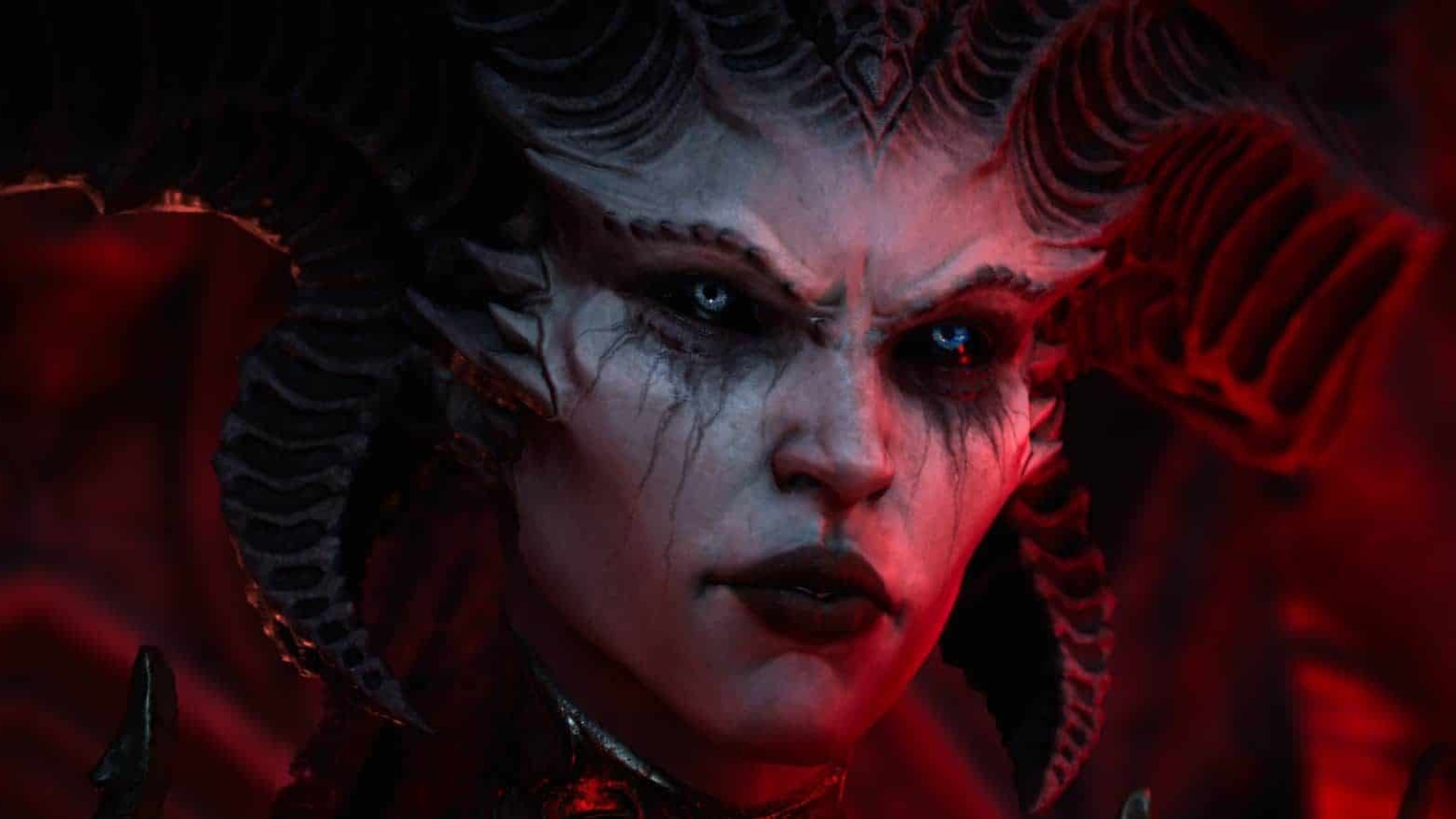 Close-up of a demonic figure with horned headgear and glowing eyes against a dark red background