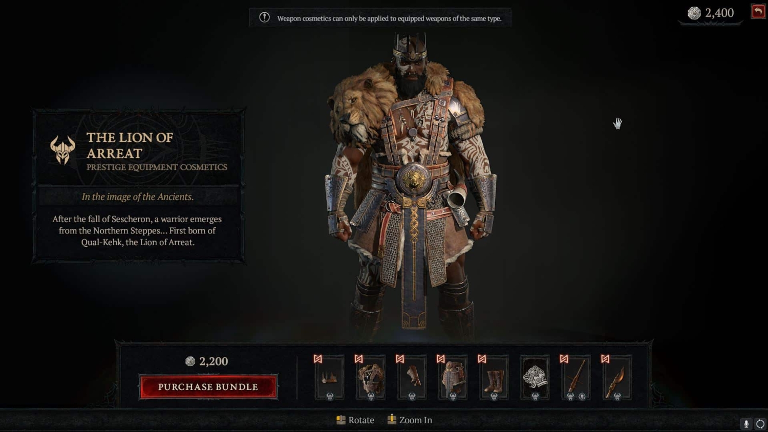 Diablo IV character wearing Lion of Arreat prestige armour featuring a lion pelt and metal ornamentation