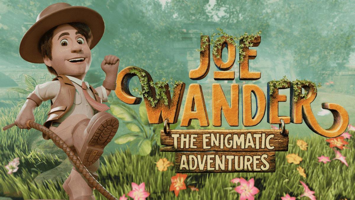 Animated character Joe Wander in explorer outfit with whip beside mossy game title in forest meadow
