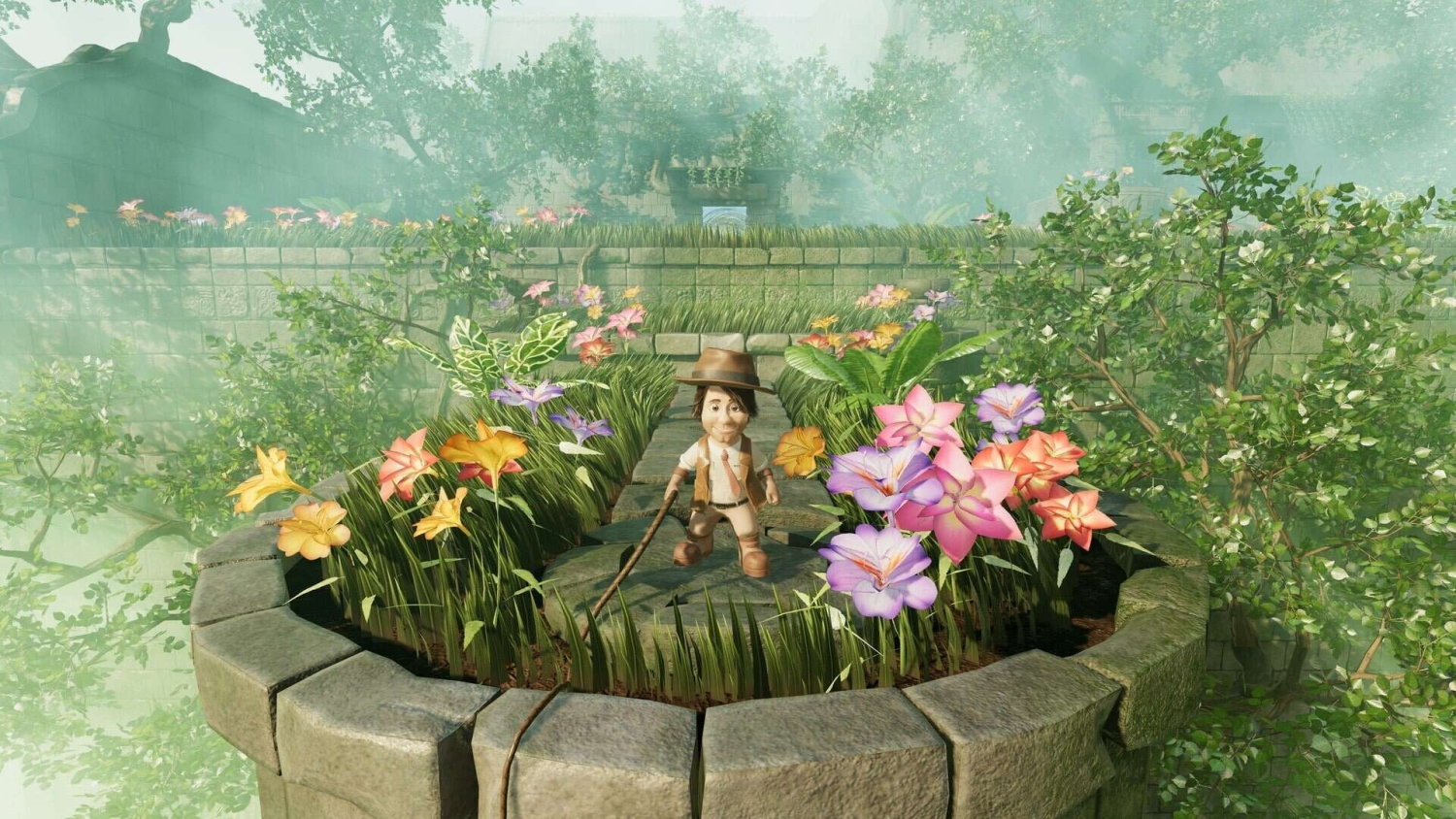 Small character wearing a hat and vest stands on a circular stone platform surrounded by colourful flowers and greenery