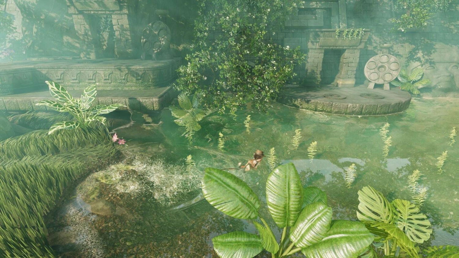 Character swimming in clear water surrounded by ancient stone ruins and lush green plants under dappled sunlight