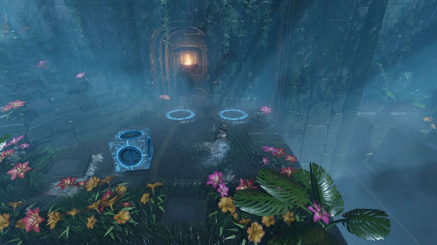Character in misty ancient stone chamber with glowing blue circular portals and colourful flowers