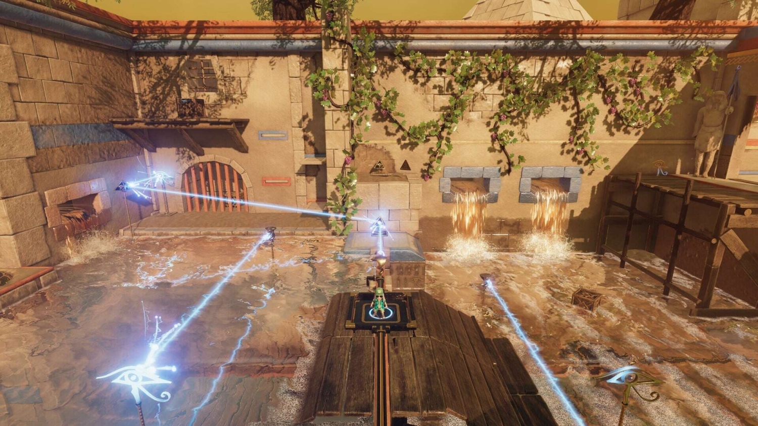 Puzzle platformer scene with glowing blue laser beams reflecting across water beside ancient stone statues and ivy-covered walls