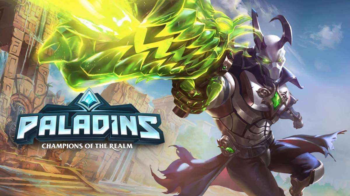 Armoured character with glowing green gauntlet in action pose from Paladins game