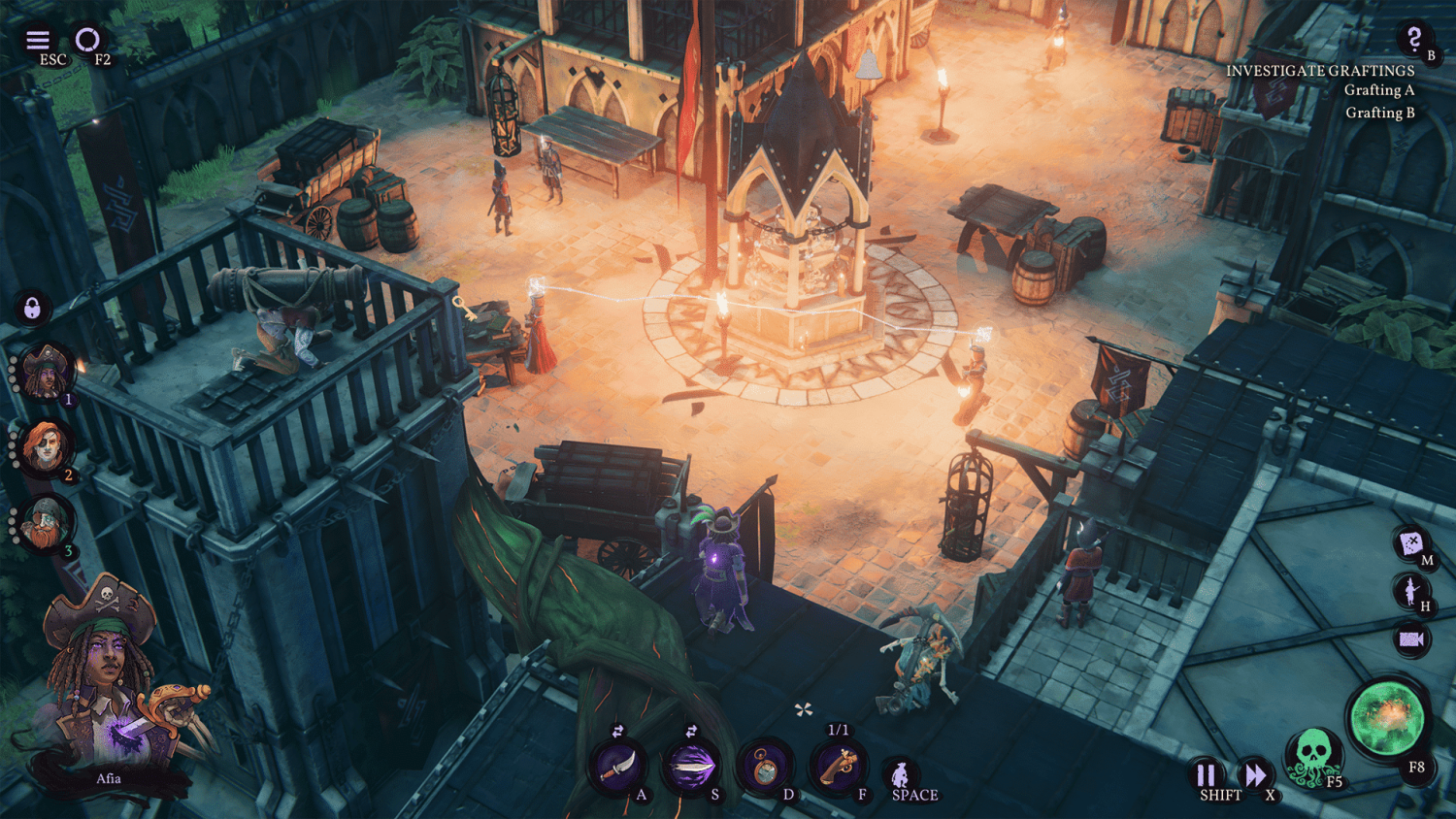 Top-down view showing pirate characters around a courtyard with glowing light effects and tactical interface icons