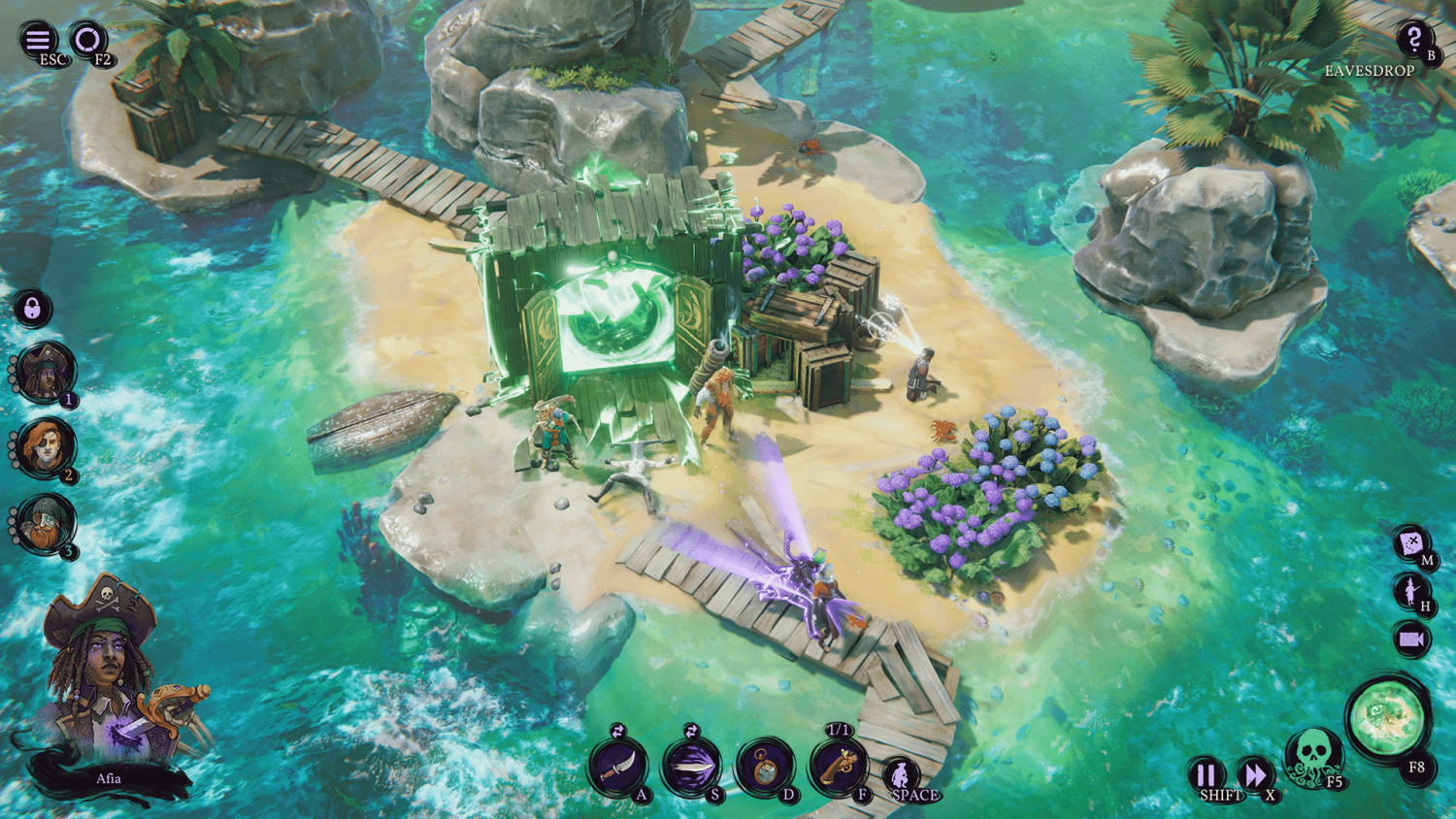 Top-down view of a tropical island in a pirate game with wooden walkways, characters, and a glowing green portal