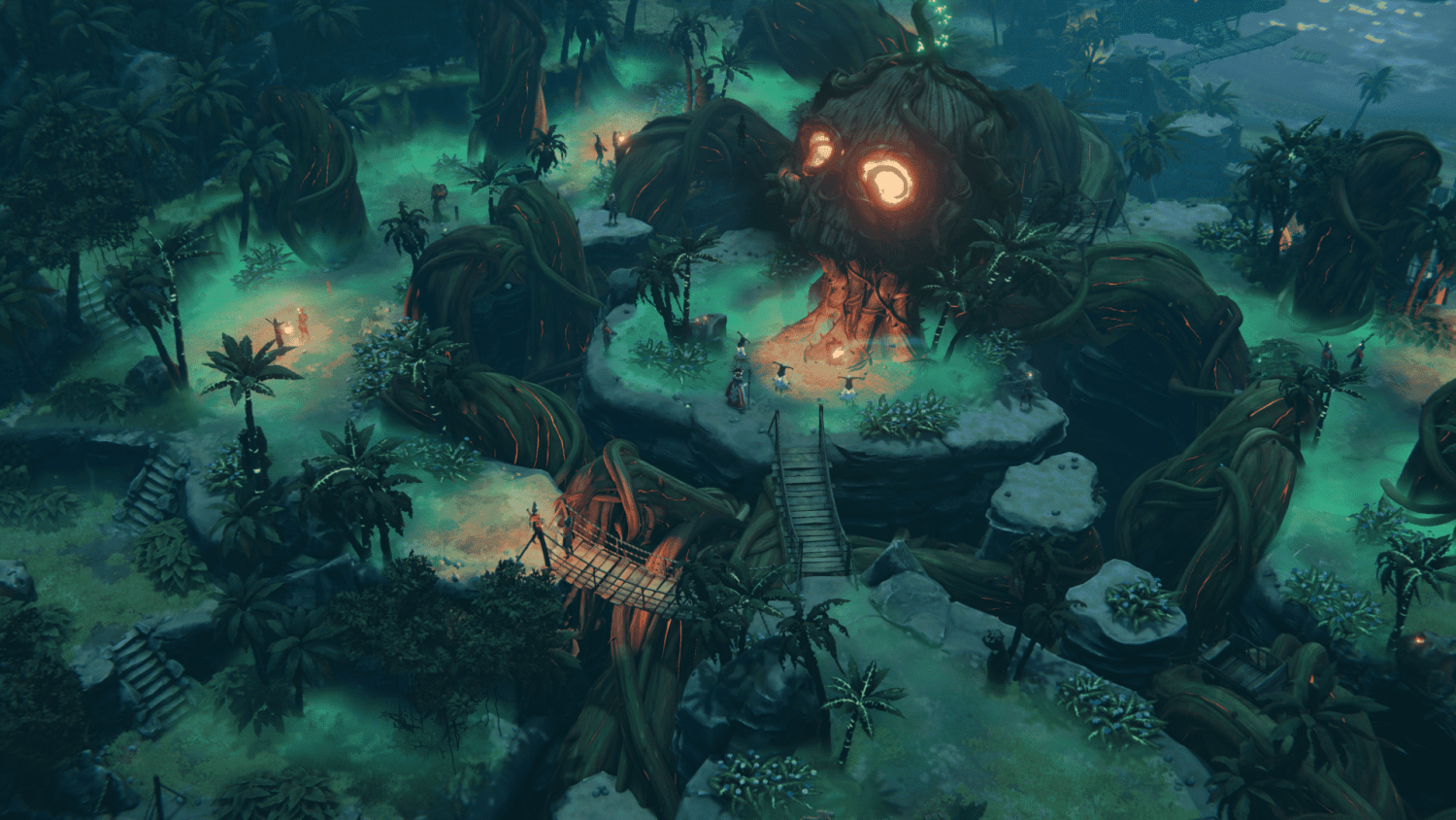 Dark mystical island featuring a large glowing skull-shaped tree surrounded by wooden bridges and vegetation