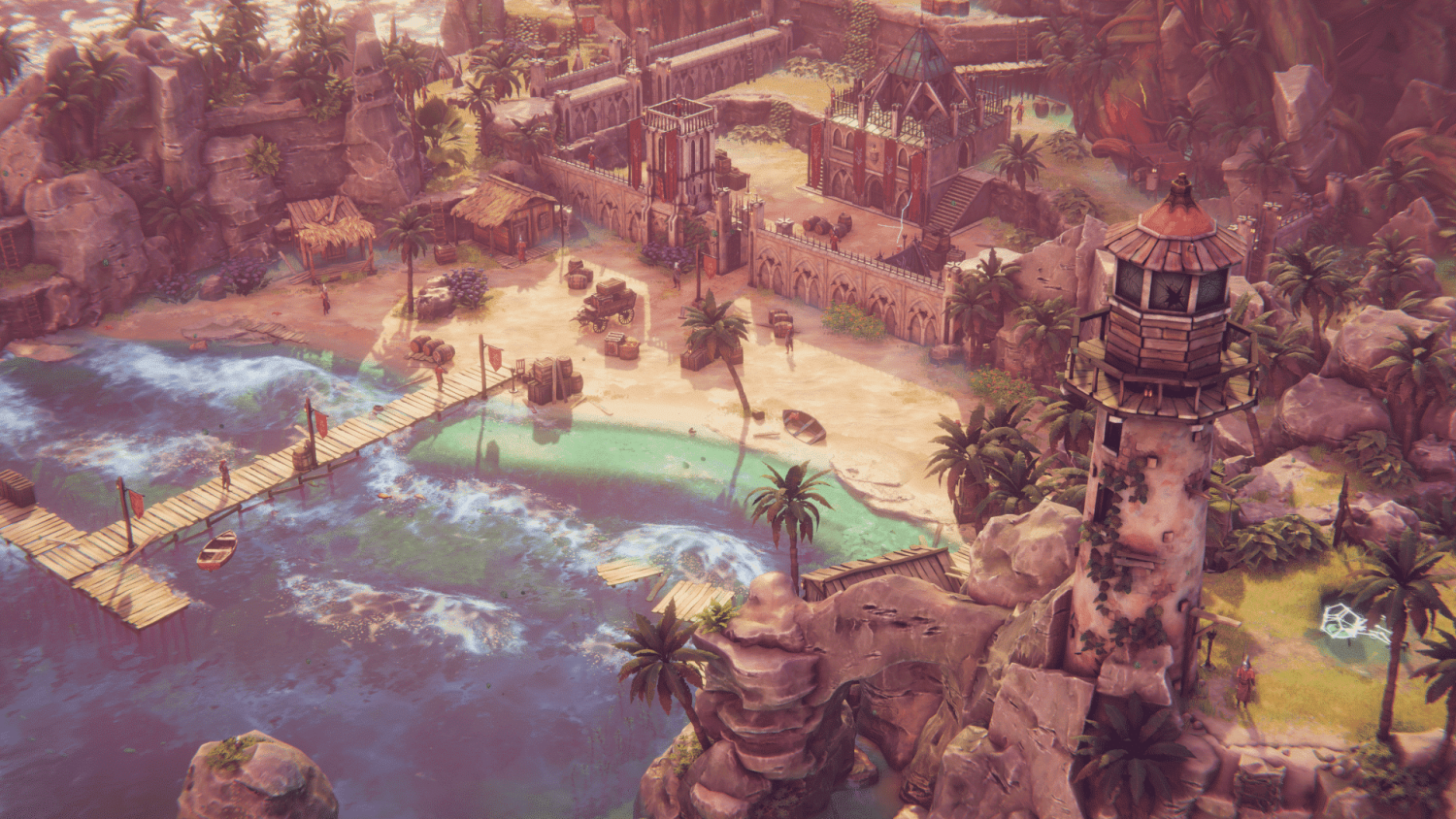 A coastal fortress featuring a tall, cracked lighthouse, sandy beach, wooden pier, and cliffs in a pirate-themed setting