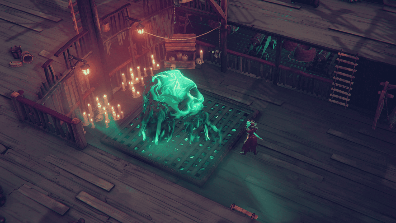 Glowing green ghost skull floating above wooden ship deck grate with lit candles nearby and pirate character standing