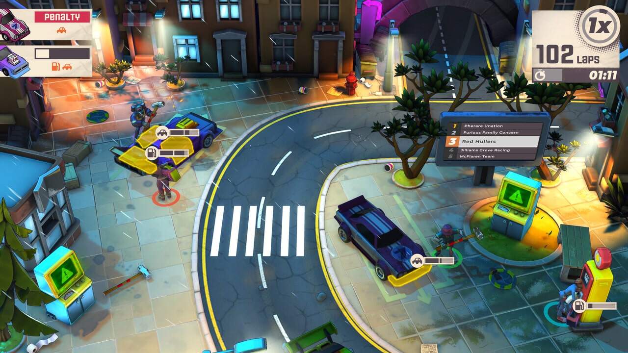 Top-down view of Speed Crew showing characters refuelling cars in a city street circuit with game stats displayed