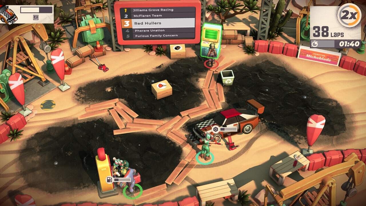 Characters fixing race cars on a muddy rally track with wood planks and equipment in a top-down video game view