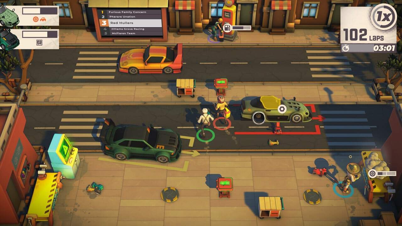 Top-down view of cartoon racing game showing cars and animated characters working on vehicles