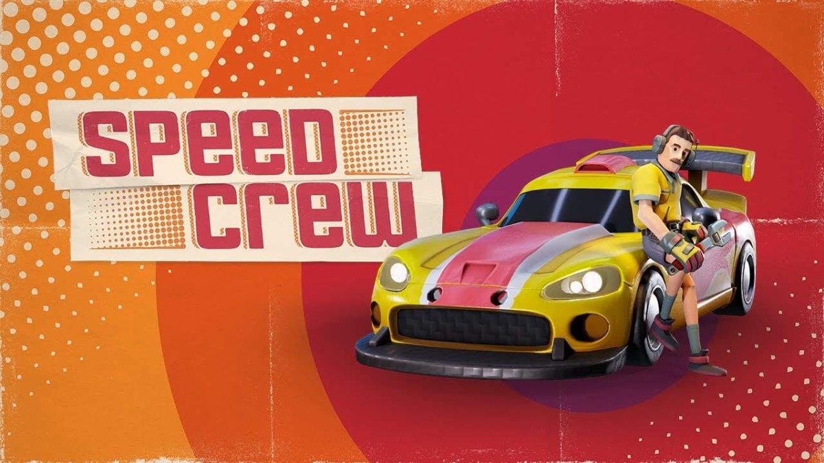 Animated character leaning against a yellow and red racing car with Speed Crew logo on orange retro background