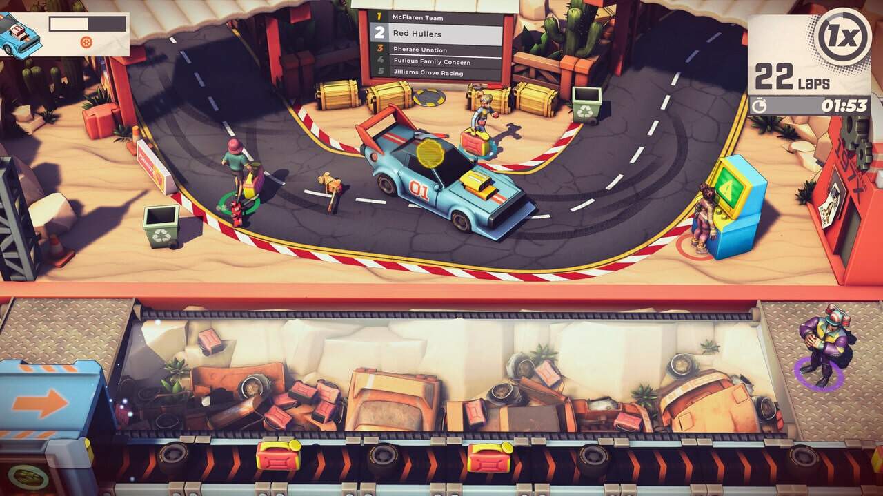 Top-down view of a cartoon-style racing game showing a blue race car on a track with five characters standing nearby