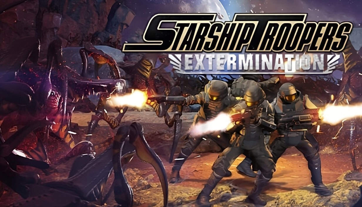 Four soldiers in futuristic armour firing weapons at alien creatures in a dark, rocky environment