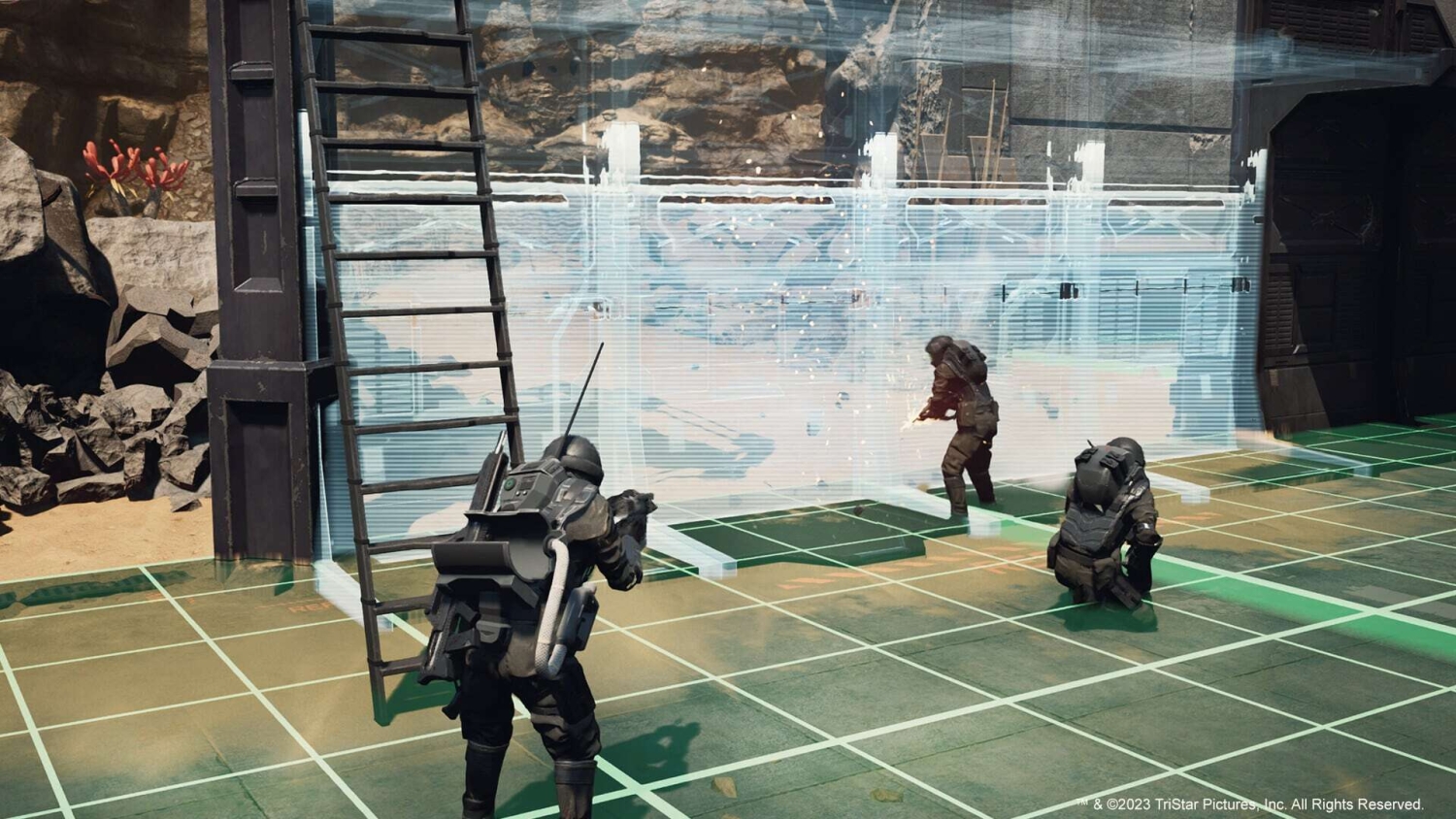 Three soldiers in futuristic armour stand ready with weapons near a glowing blue holographic barricade on a sandy surface