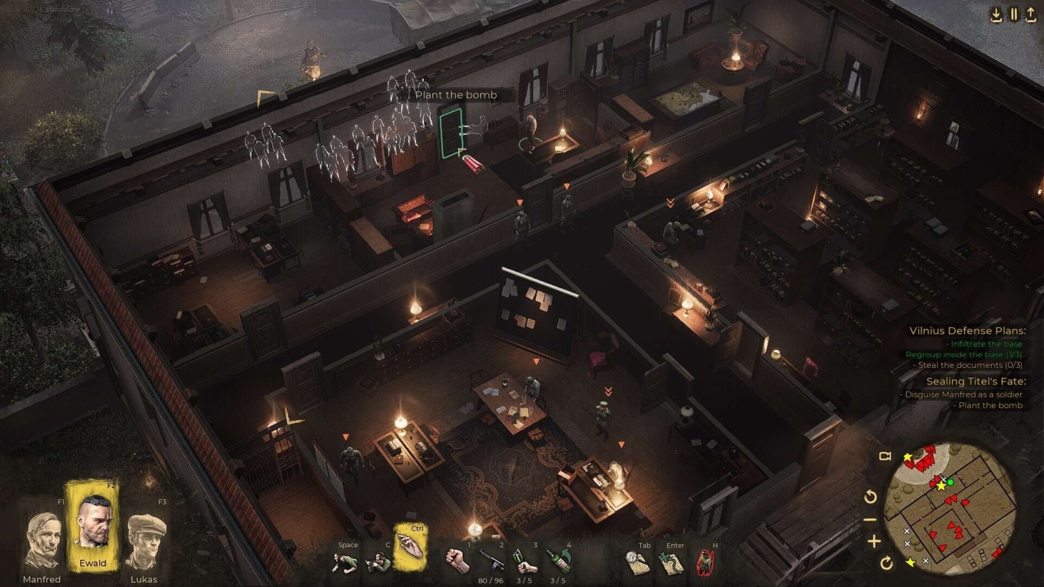 Isometric tactical game view showing soldiers inside a dimly lit building with marked objectives and enemy positions