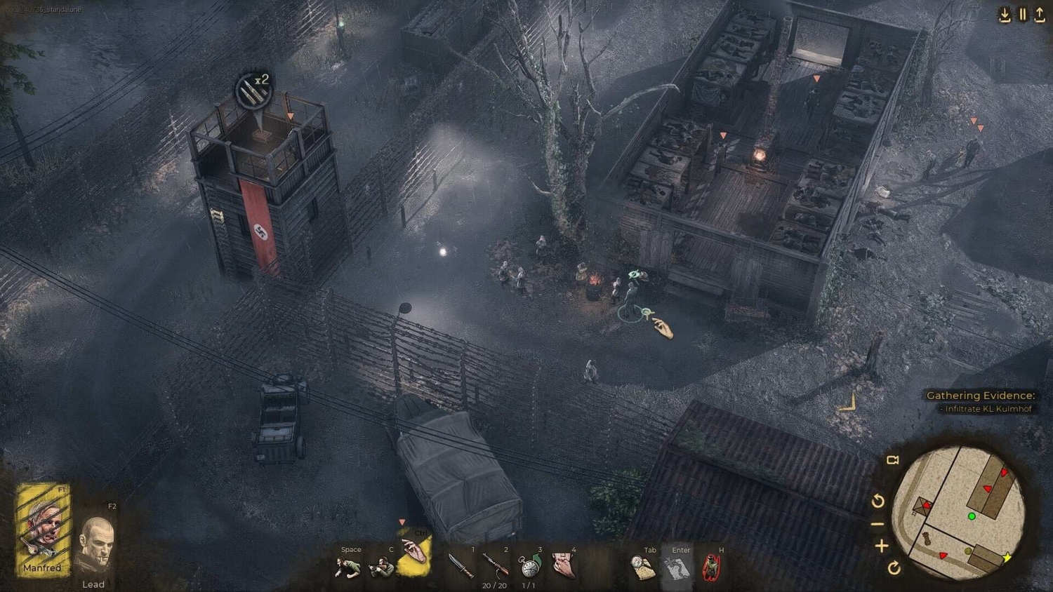 Isometric view of a dark fenced compound with armed characters near a watchtower flying a Nazi flag in a strategy game