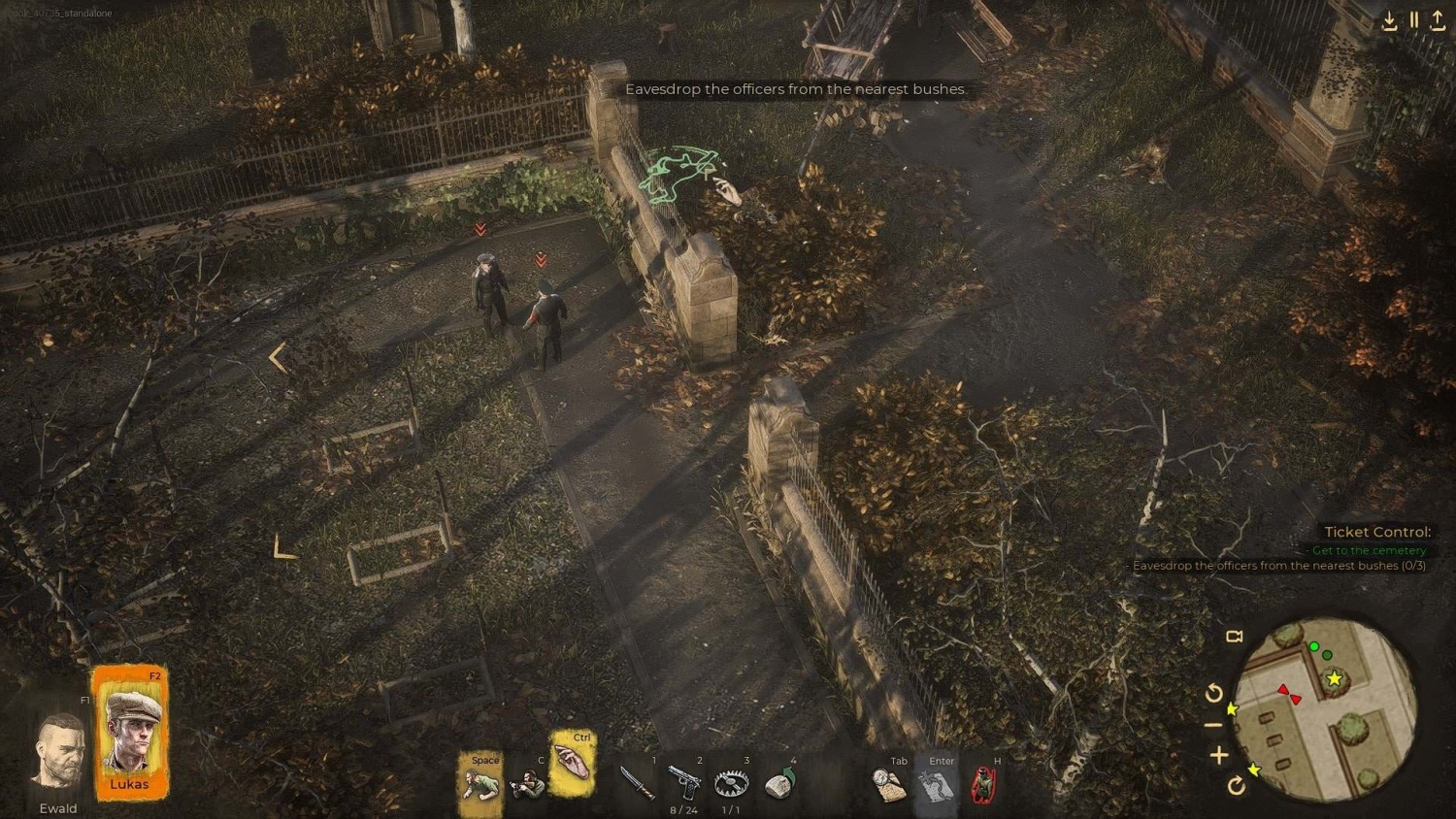 Two soldiers stand near a gate surrounded by autumn bushes with a prompt to eavesdrop