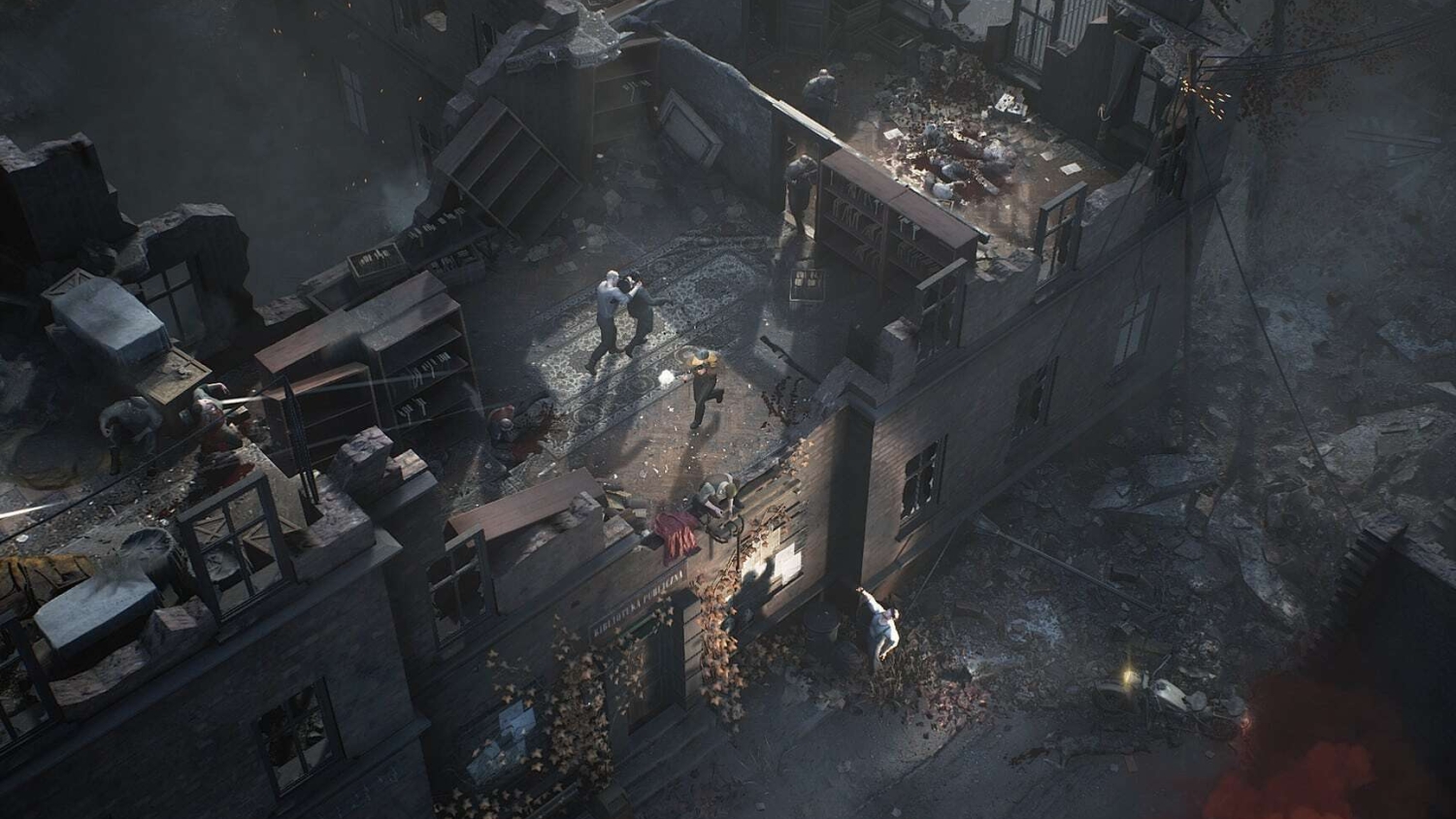 Isometric view of armed combatants in a ruined building with scattered debris and blood stains