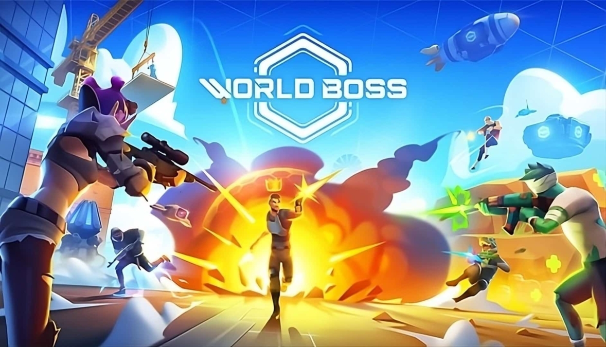 Characters engaged in a gunfight with explosions under the World Boss game logo