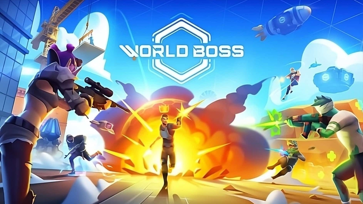 Characters engaged in a gunfight with explosions under the World Boss game logo