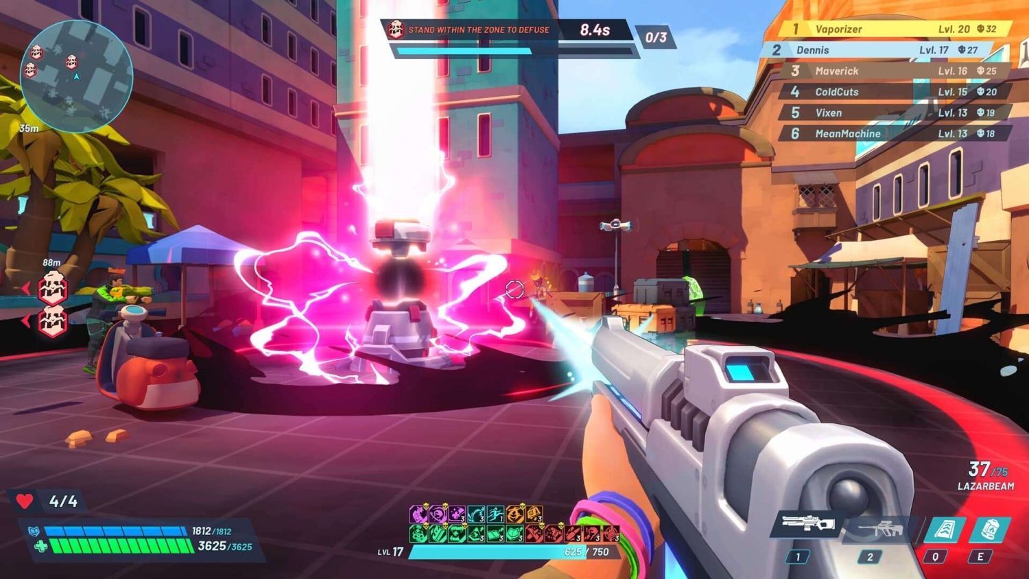 Player aiming at a glowing device to defuse it in a vibrant urban map during a first-person shooter game