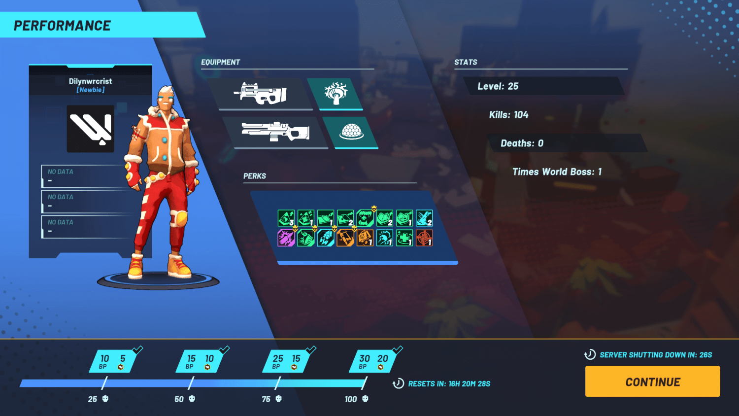 Video game character with level 25, 104 kills, zero deaths, equipped weapons, and various perks