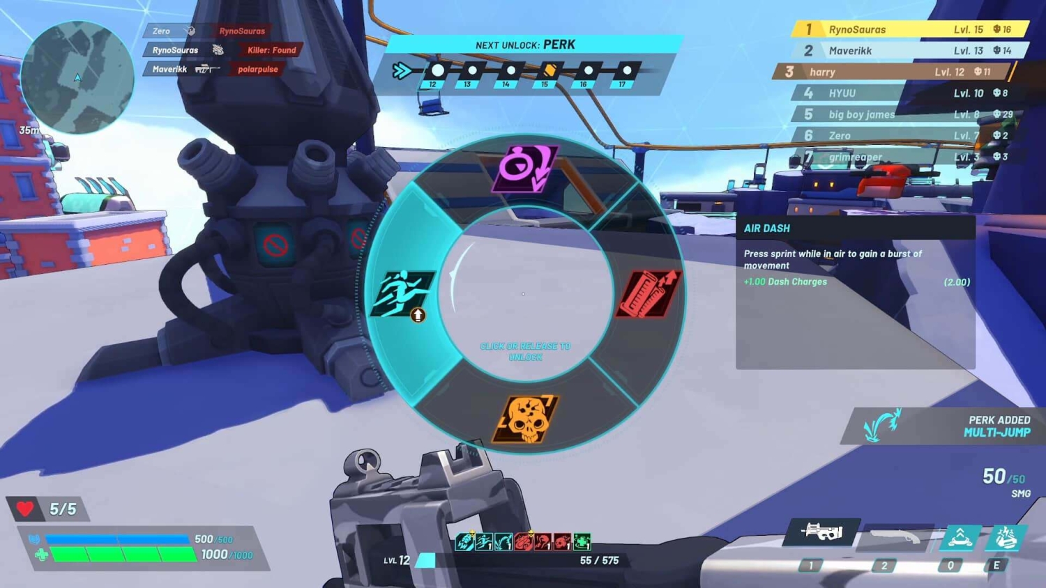 First-person shooter game showing an ability unlock wheel and player status on screen