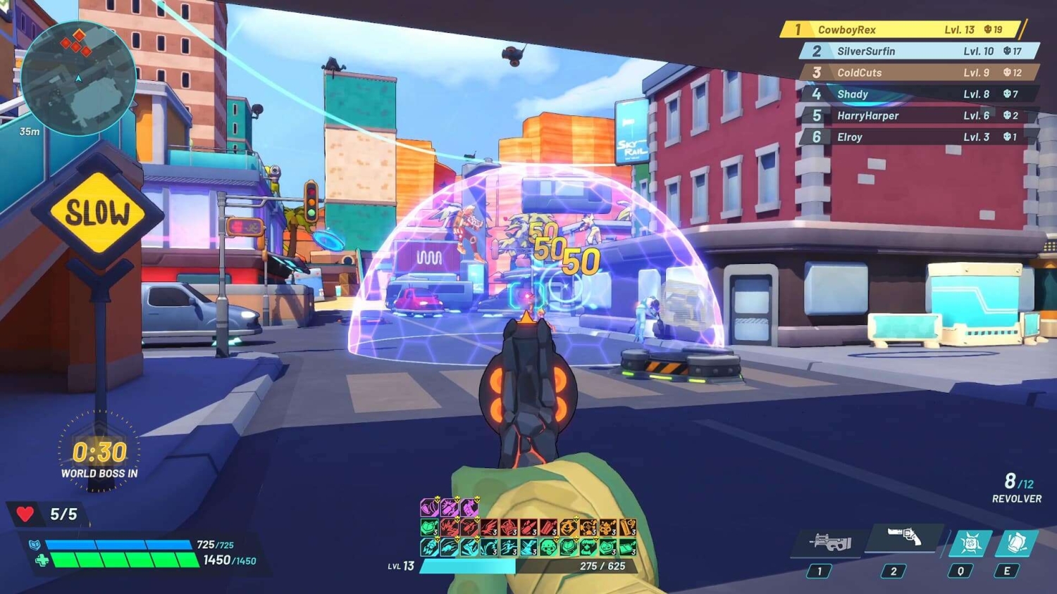Player aiming a revolver at enemies protected by a glowing shield in a vibrant urban first-person shooter game