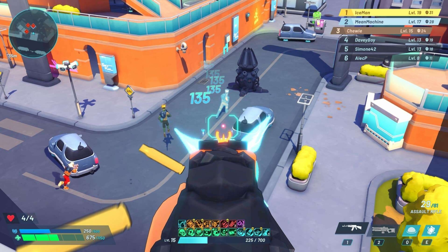 Player aiming an assault rifle at enemies in a colourful city street in a first-person shooter game