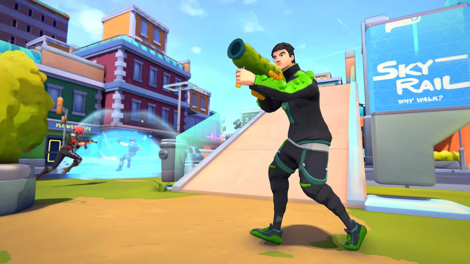 Three animated characters engage in combat with futuristic weapons in a colourful city environment