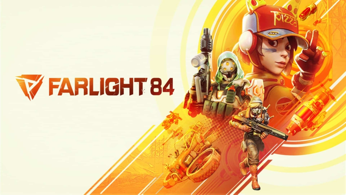 Farlight 84 logo with three futuristic characters and a vehicle in orange and yellow tones