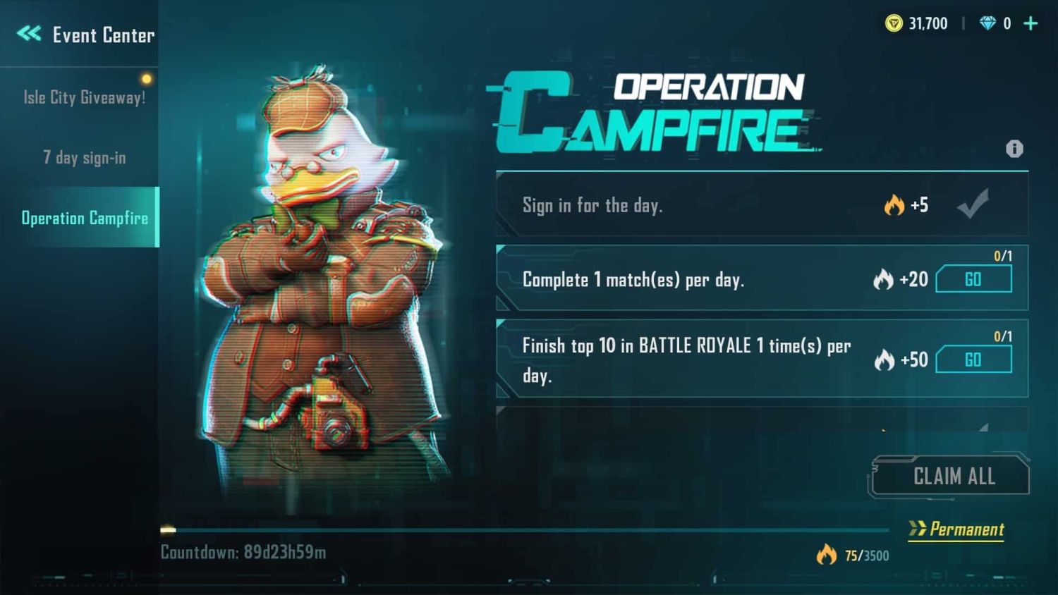 Cartoon duck character in military outfit with daily tasks for Operation Campfire including sign in and match completion