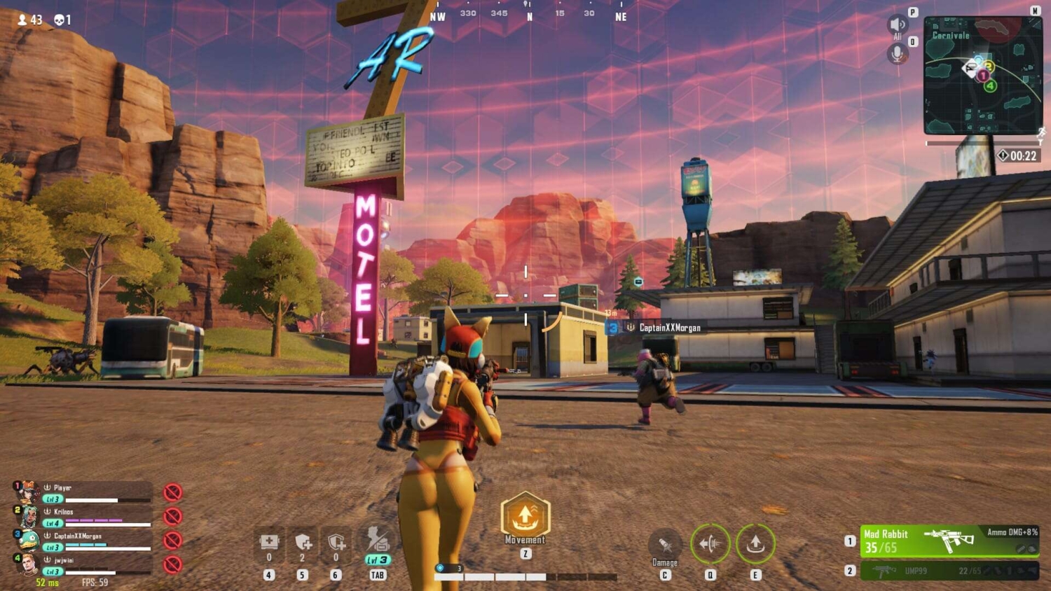 Player in fox-themed outfit aiming weapon near neon motel sign in a desert environment with rocky cliffs