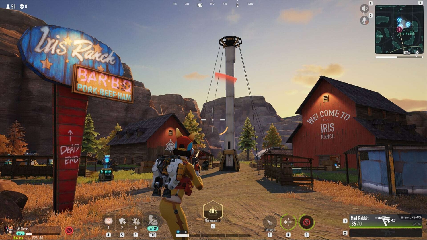 Player character aiming a rifle at a tower inside Iris Ranch area with red rustic buildings and game UI visible
