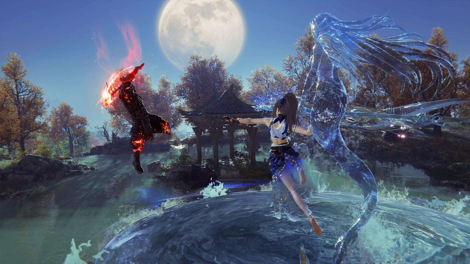 Two combatants using fiery and water elemental powers beneath a full moon near an Asian pavilion and autumn trees