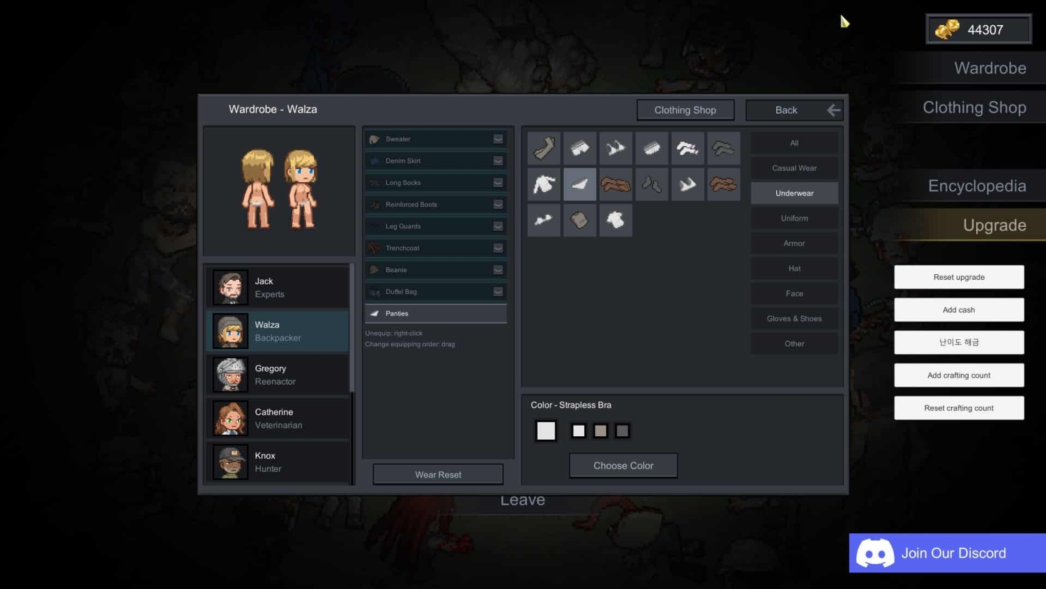 Game interface showing a character wardrobe menu with clothing options, inventory items, and various categories for selecting apparel