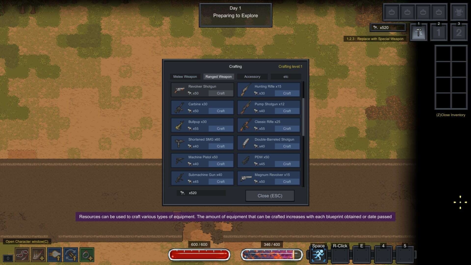 In-game crafting menu showing various types of ranged weapons that can be crafted with resource counts
