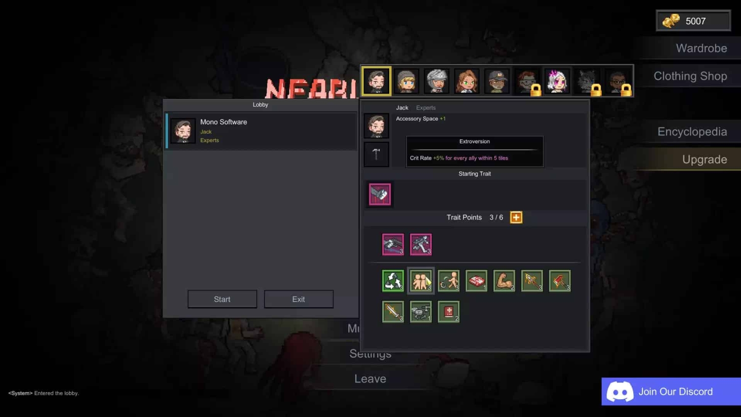 Video game interface displaying character traits, item slots, and currency in a dark dungeon background