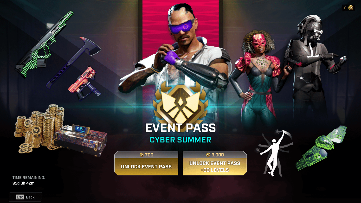 Three futuristic characters and weapons displayed around a Cyber Summer event pass with unlock options