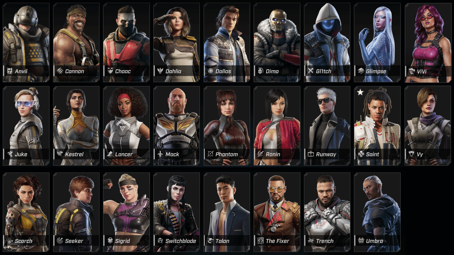 Grid showing 26 diverse characters from Rogue Company in unique combat gear and poses
